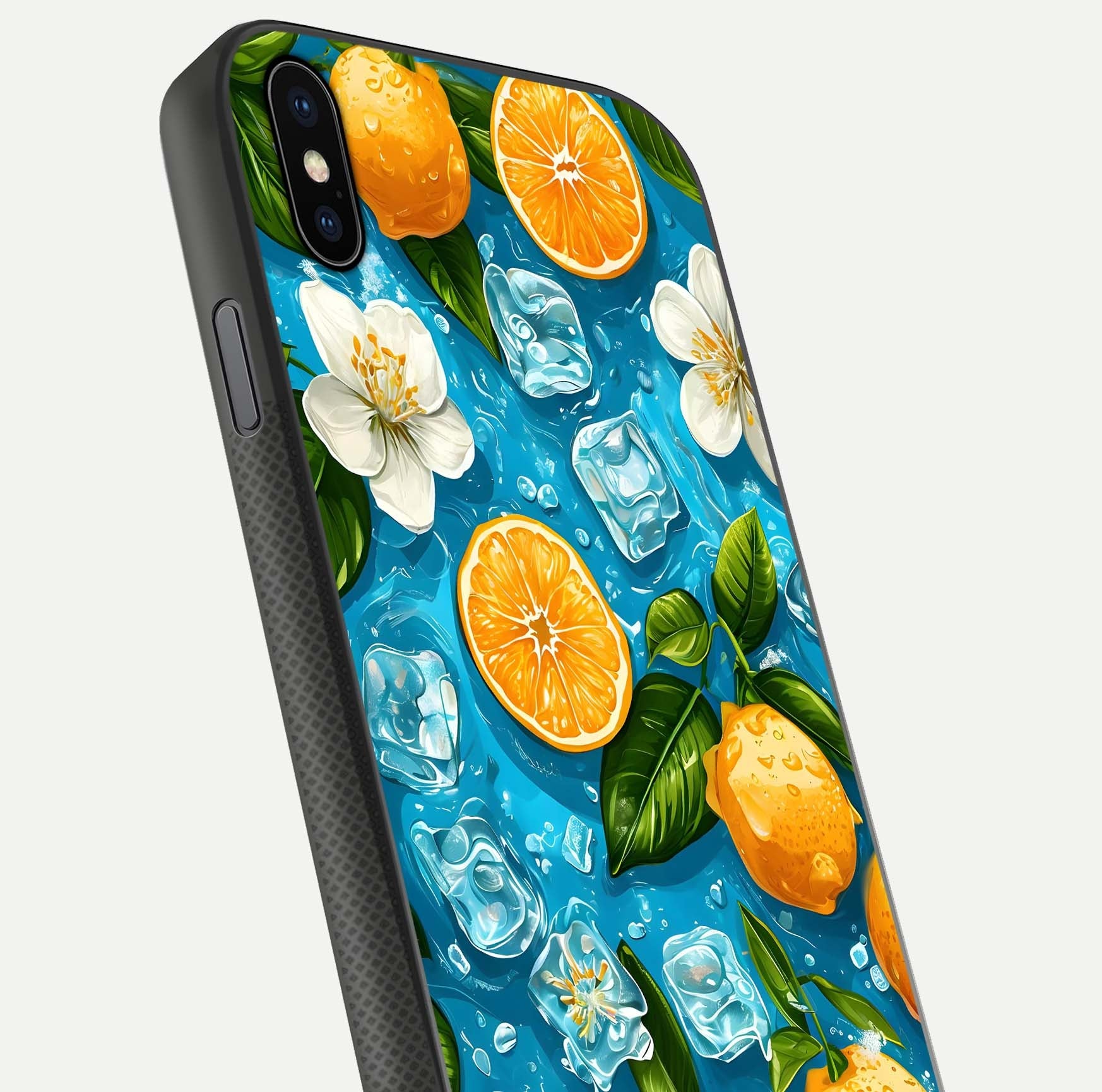 Ice Cube With Orange Glass Case for iPhone Xs Max close-up angled shot showing orange slices and ice reflections