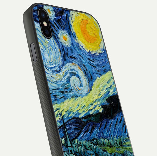 Inspired Van Gogh Art Glass Case for iPhone Xs Max close-up angled shot showing brushstroke texture and shine detail