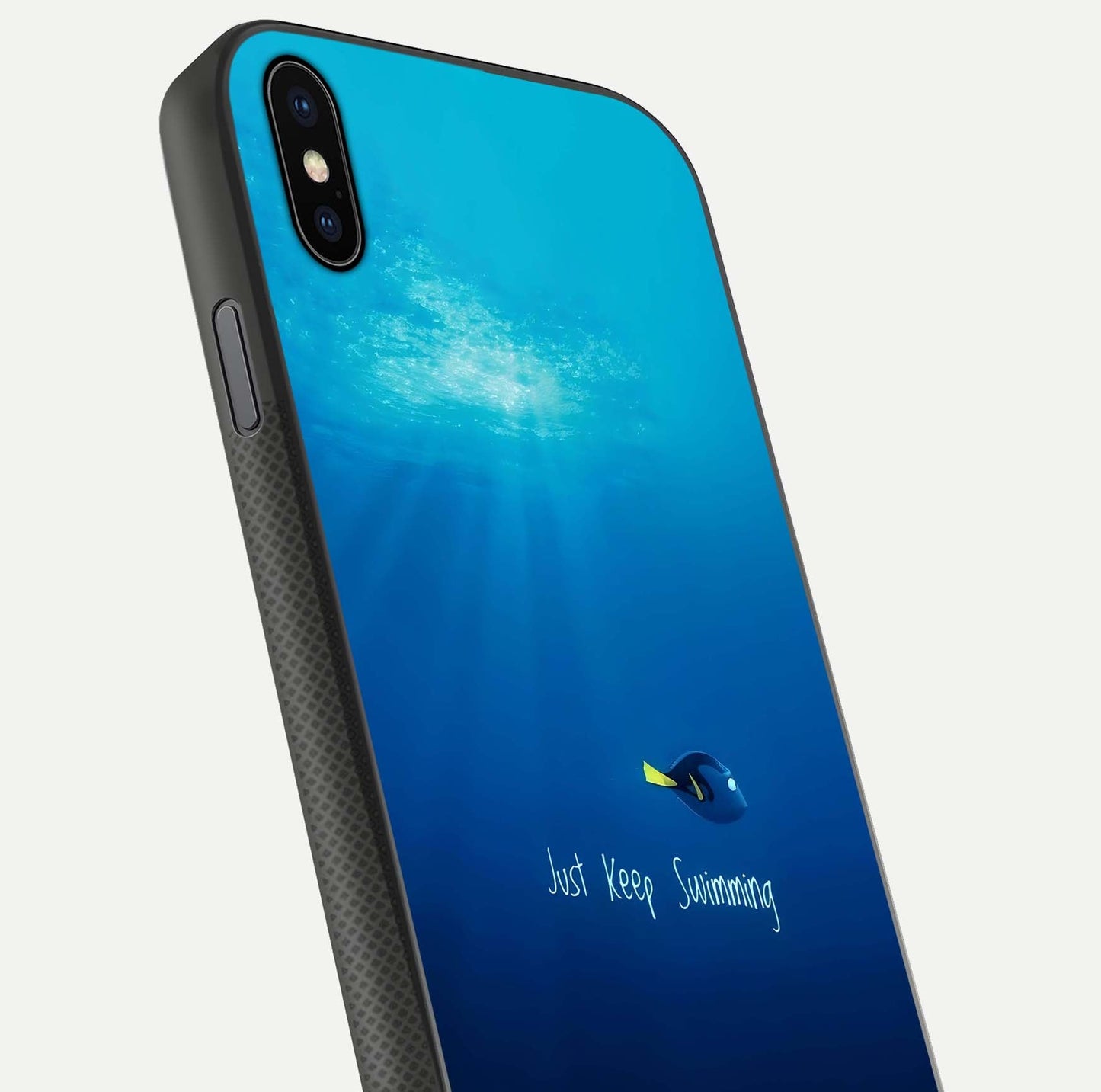 Just Keep Swimming Glass Case for iPhone Xs Max close-up angled shot showing elegant lettering and blue tone reflection
