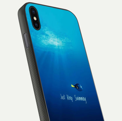 Just Keep Swimming Glass Case for iPhone Xs Max close-up angled shot showing elegant lettering and blue tone reflection