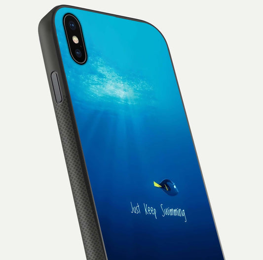 Just Keep Swimming Glass Case for iPhone Xs Max close-up angled shot showing elegant lettering and blue tone reflection