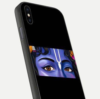 Krishna Eye Glass Case for iPhone Xs Max close-up angled shot showing intricate artwork and reflection shine