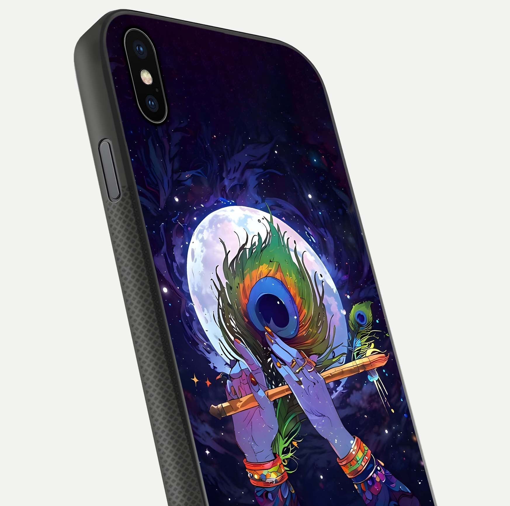 Krishna Hands Art Glass Case for iPhone Xs Max close-up angled shot showing detailed hand design and shine