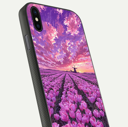Lavender Dream Skies Glass Case for iPhone Xs Max close-up angled shot showing purple hues and soft reflection