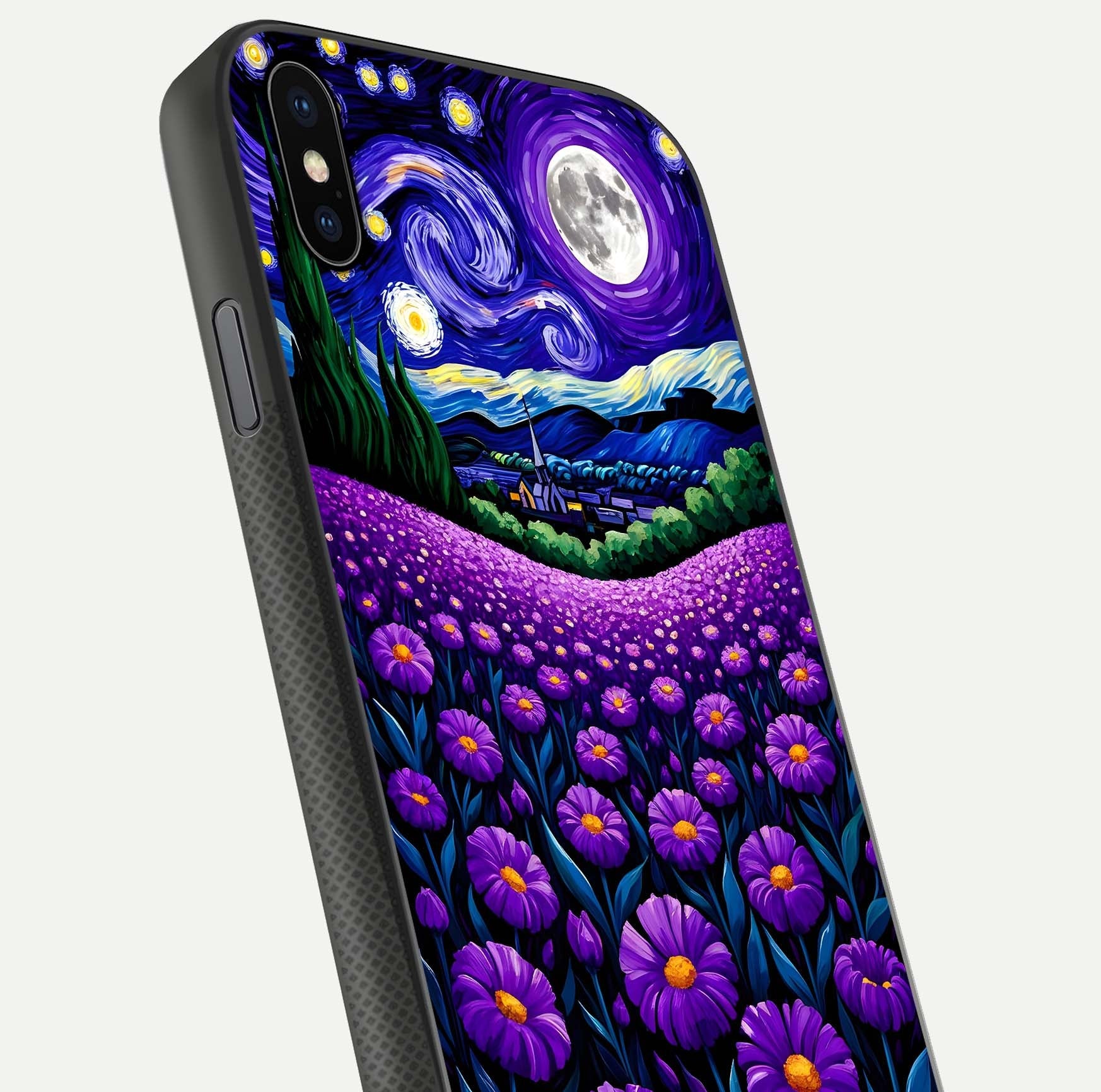 Lavender Moon Field Glass Case for iPhone Xs Max close-up angled shot showing moon glow and purple detailing