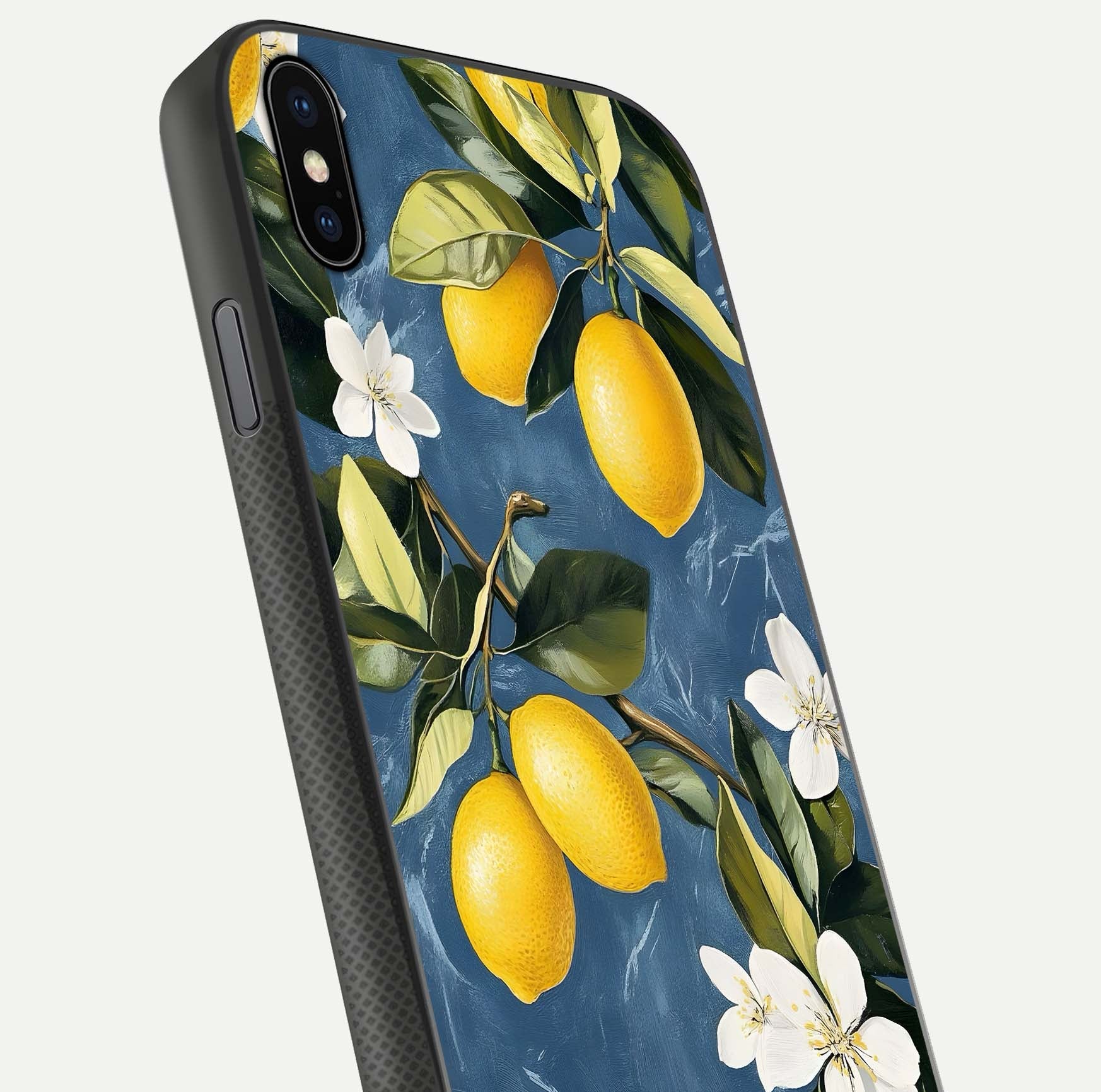 Lemon Dream Garden Glass Case for iPhone Xs Max close-up angled shot showing fruit details and shine reflection