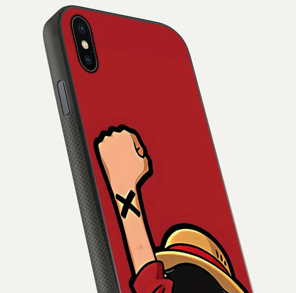 Luffy X Spirit Glass Case for iPhone Xs Max close-up angled shot showing character detailing and gloss texture