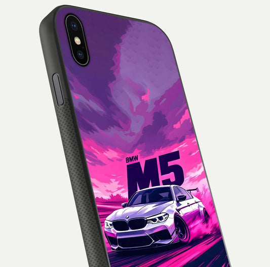 MS Neon Car Glass Case for iPhone Xs Max close-up angled shot showing vivid neon reflections and shine