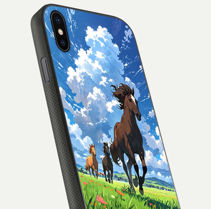 Majestic Horses Galloping Glass Case for iPhone Xs Max close-up angled shot showing horse motion and reflection
