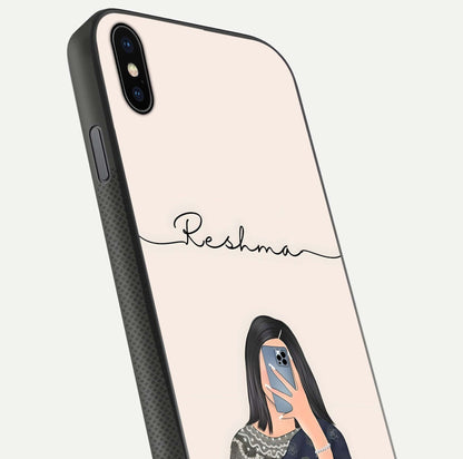 Mirror Mood Muse Custom Name Glass Case for iPhone Xs Max close-up angled shot highlighting gloss and mirror depth