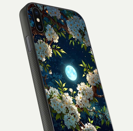 Moonlit Blossom Dream Glass Case for iPhone Xs Max close-up angled shot showing glowing petals and reflection