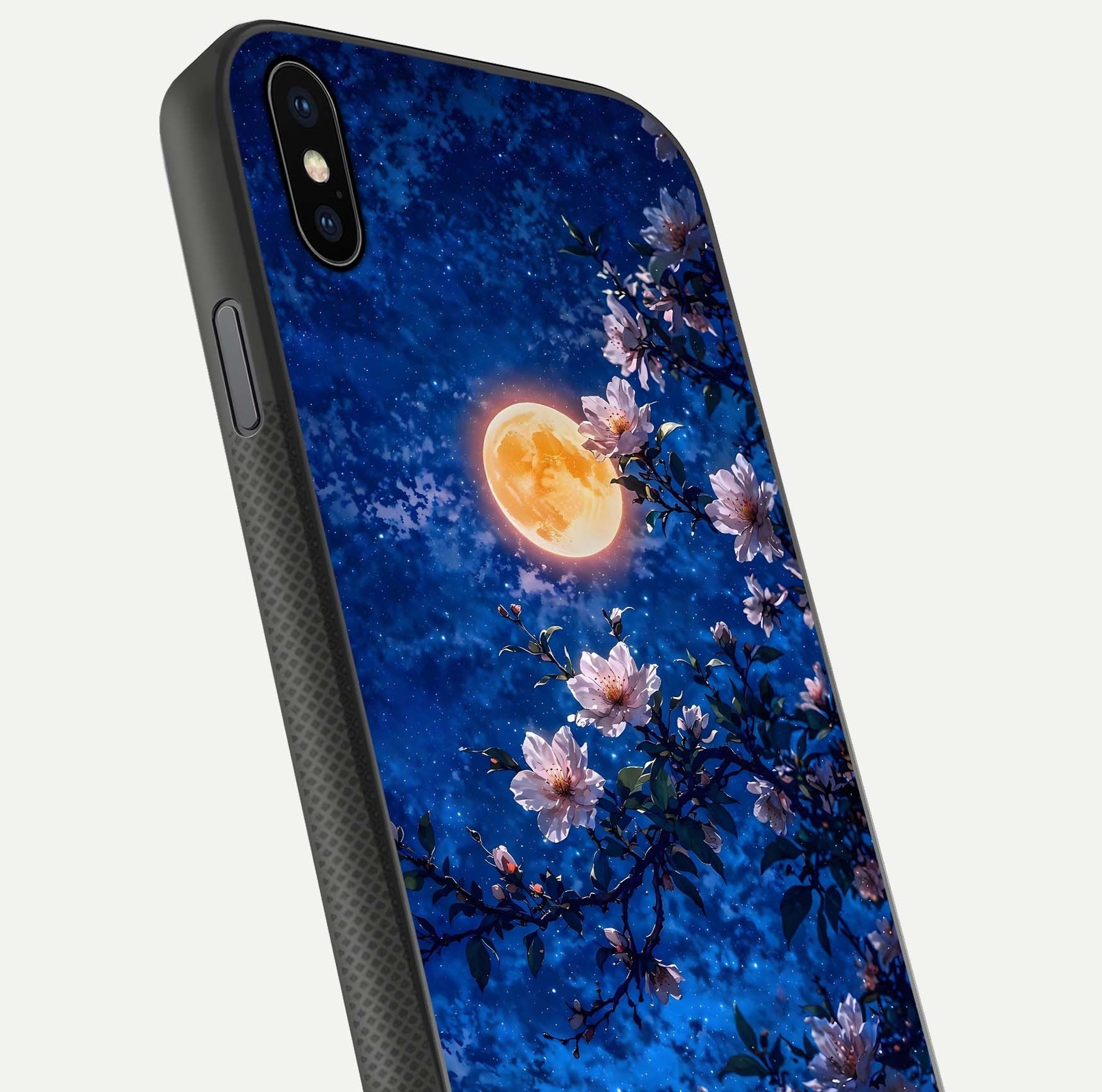 Moonlit Blossoms Night Glass Case for iPhone Xs Max close-up angled shot showing petal glow and reflection detail