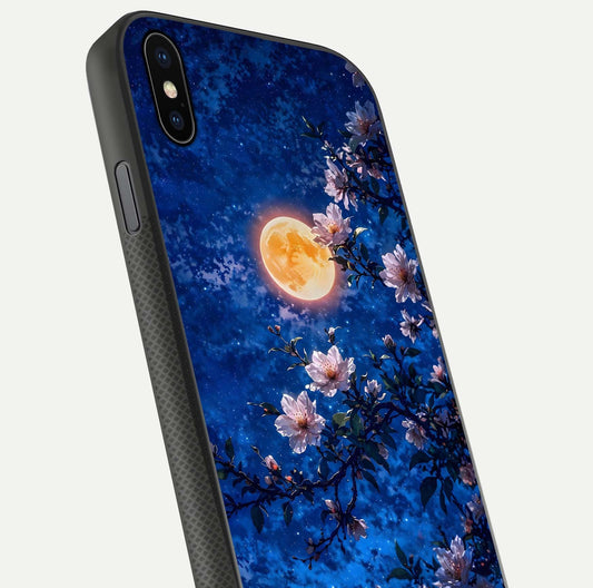 Moonlit Blossoms Night Glass Case for iPhone Xs Max close-up angled shot showing petal glow and reflection detail