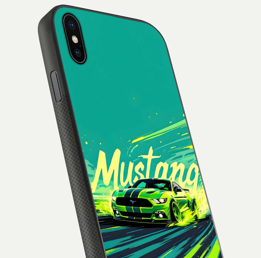 Mustang Bang Glass Case for iPhone Xs Max close-up angled shot showing car emblem and HD reflection