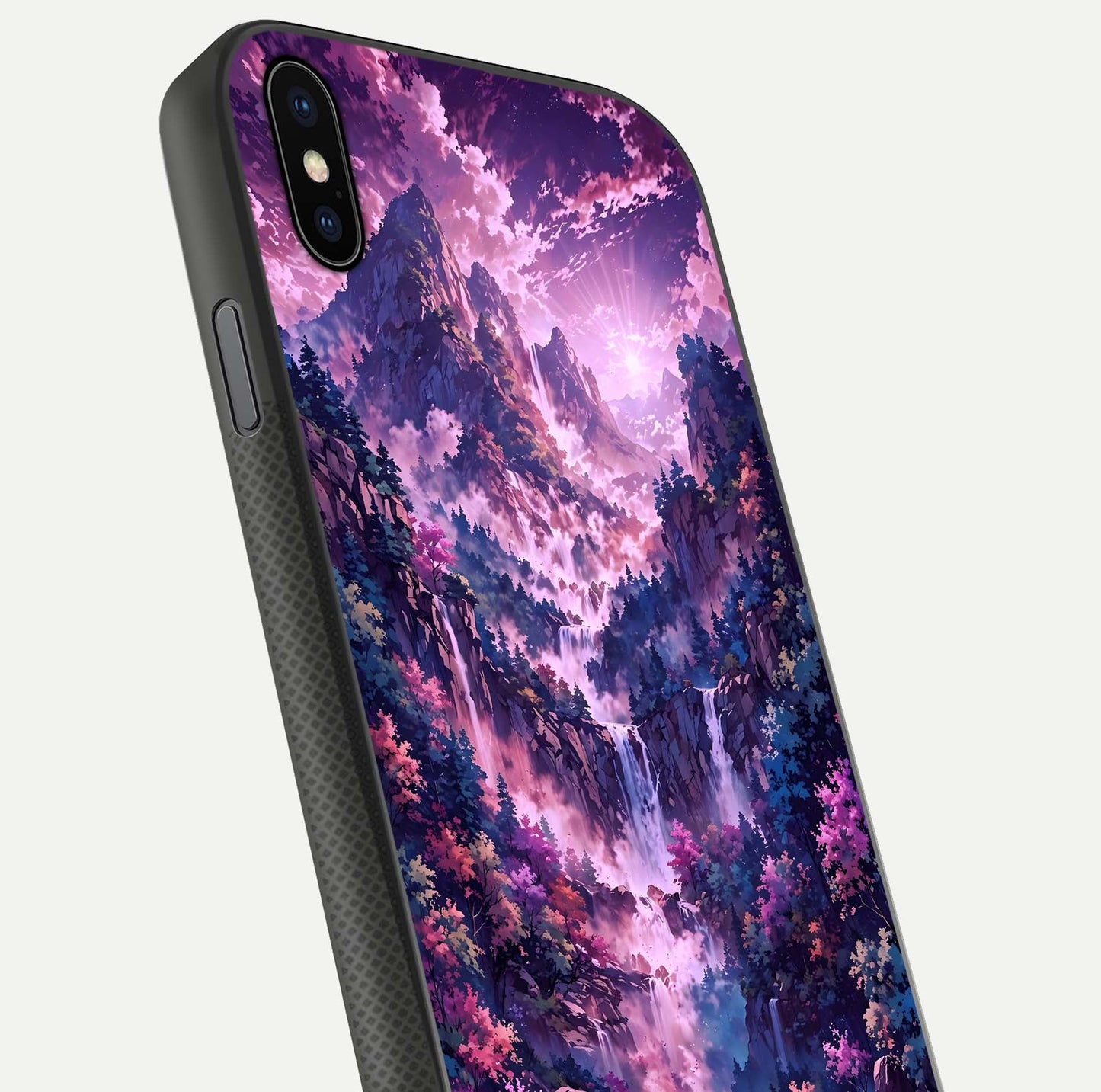 Mystic Cascade Peaks Glass Case for iPhone Xs Max close-up angled shot showing peak reflections and color gradient