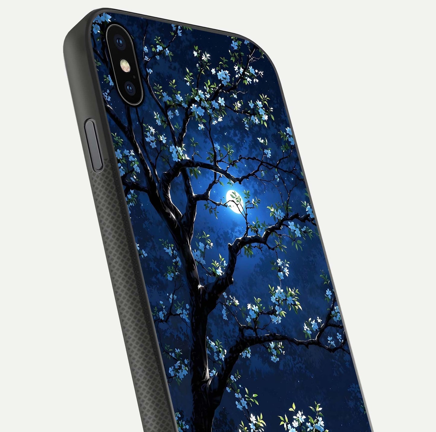 Mystic Floral Night Glass Case for iPhone Xs Max close-up angled shot highlighting petal detail and HD reflection