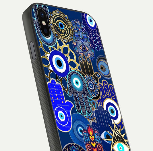 Mystic Palm Guard Glass Case for iPhone Xs Max close-up angled shot showing eye symbol and fine texture