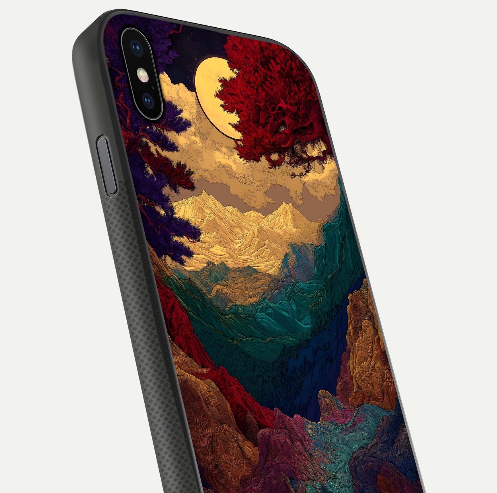 Mystic Valley Light Glass Case for iPhone Xs Max close-up angled shot highlighting gradient sky and reflection
