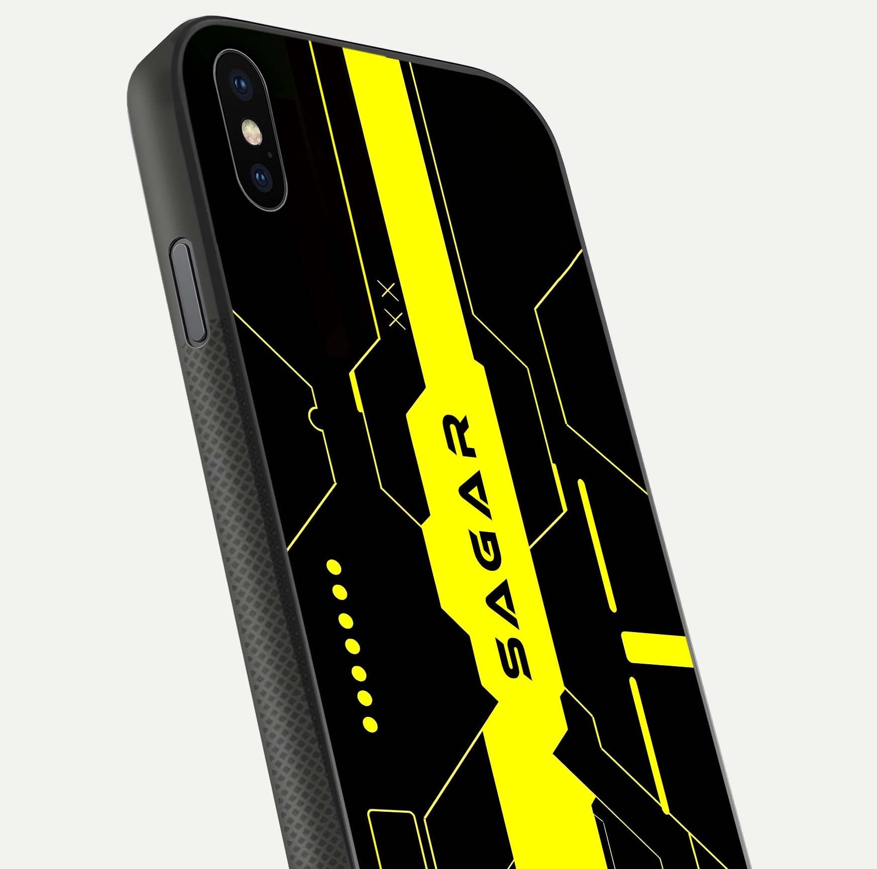Neon CYBERPUNK Custom Name Glass Case for iPhone Xs Max close-up angled shot highlighting electric colors and reflection