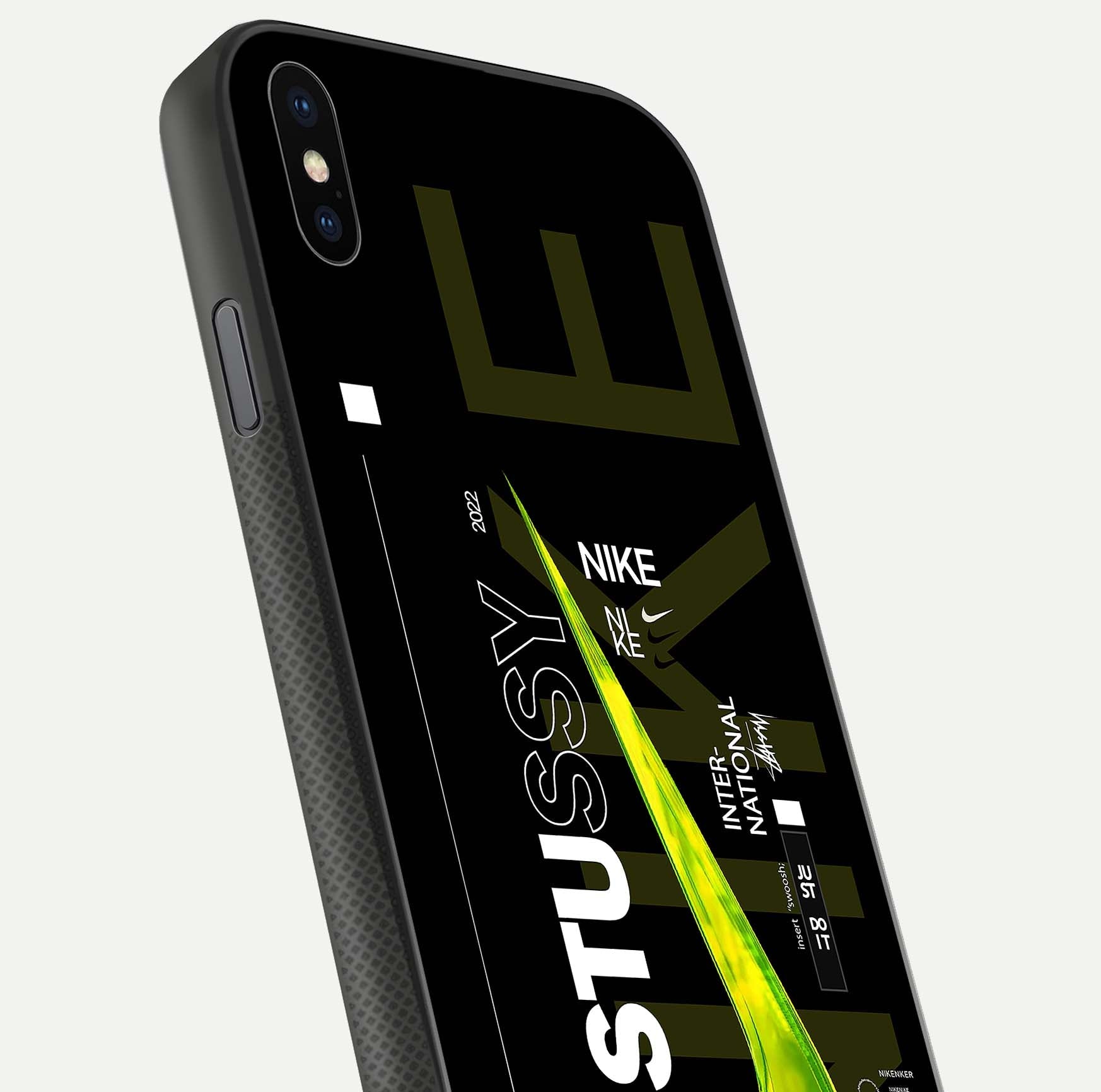 Neon Street Edition Glass Case for iPhone Xs Max close-up angled shot showing urban neon lights and shine