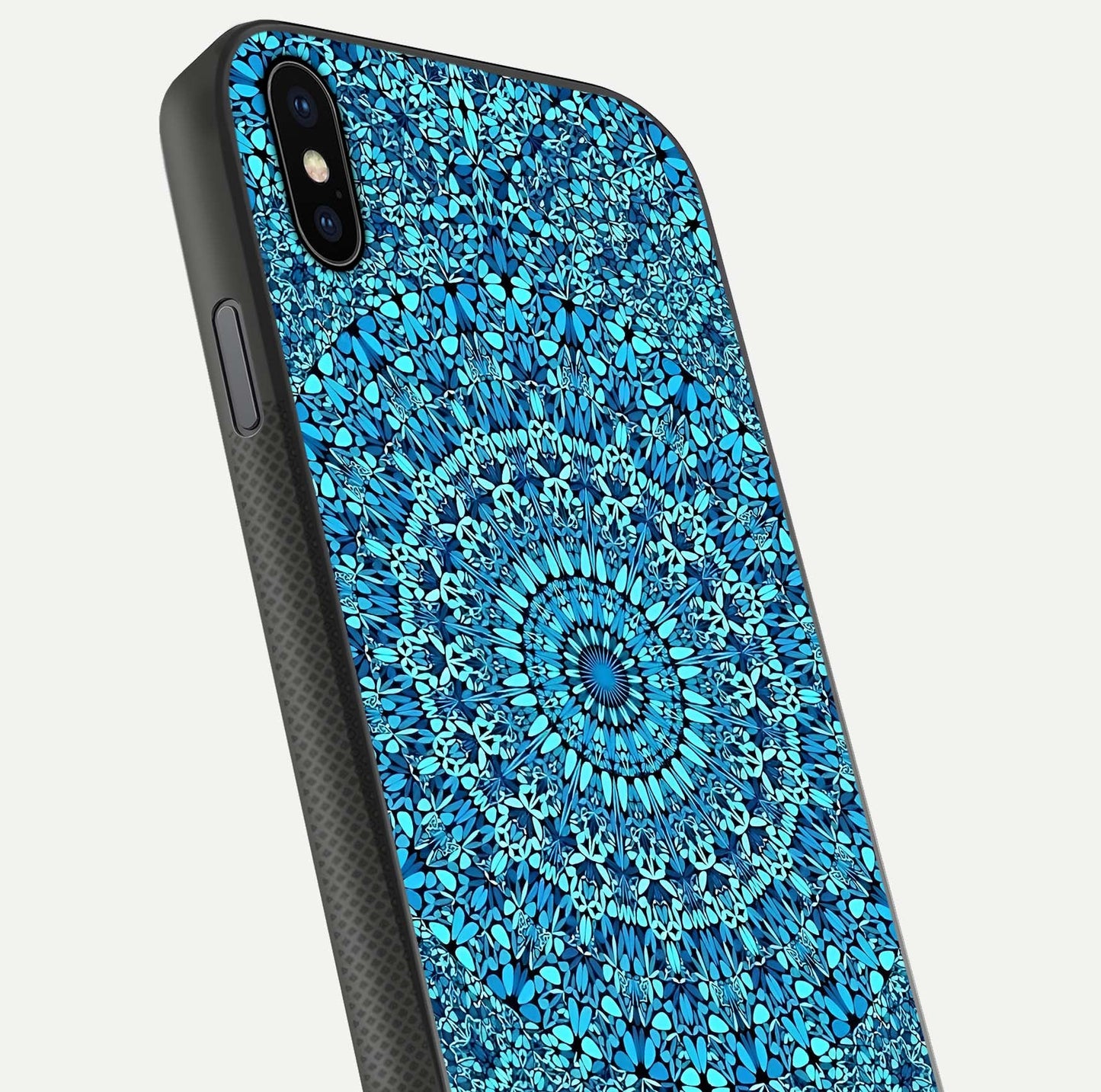 Ocean Bloom Mandala Glass Case for iPhone Xs Max close-up angled shot highlighting detailed mandala and reflection