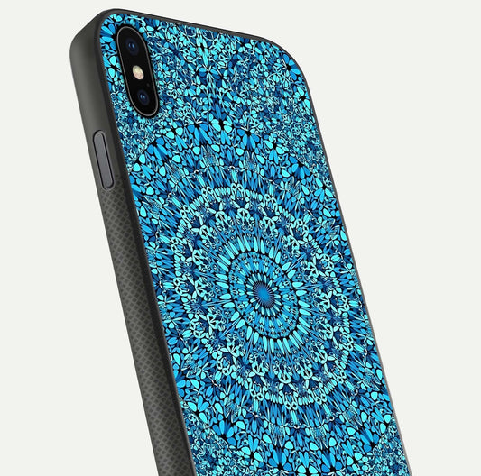 Ocean Bloom Mandala Glass Case for iPhone Xs Max close-up angled shot highlighting detailed mandala and reflection