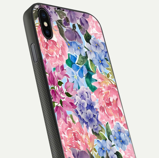 Pastel Floral Mix Glass Case for iPhone Xs Max close-up angled shot highlighting flower detail and reflection