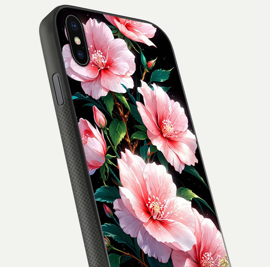 Peach Flower Glass Case for iPhone Xs Max close-up angled shot highlighting floral petals and HD glass reflection