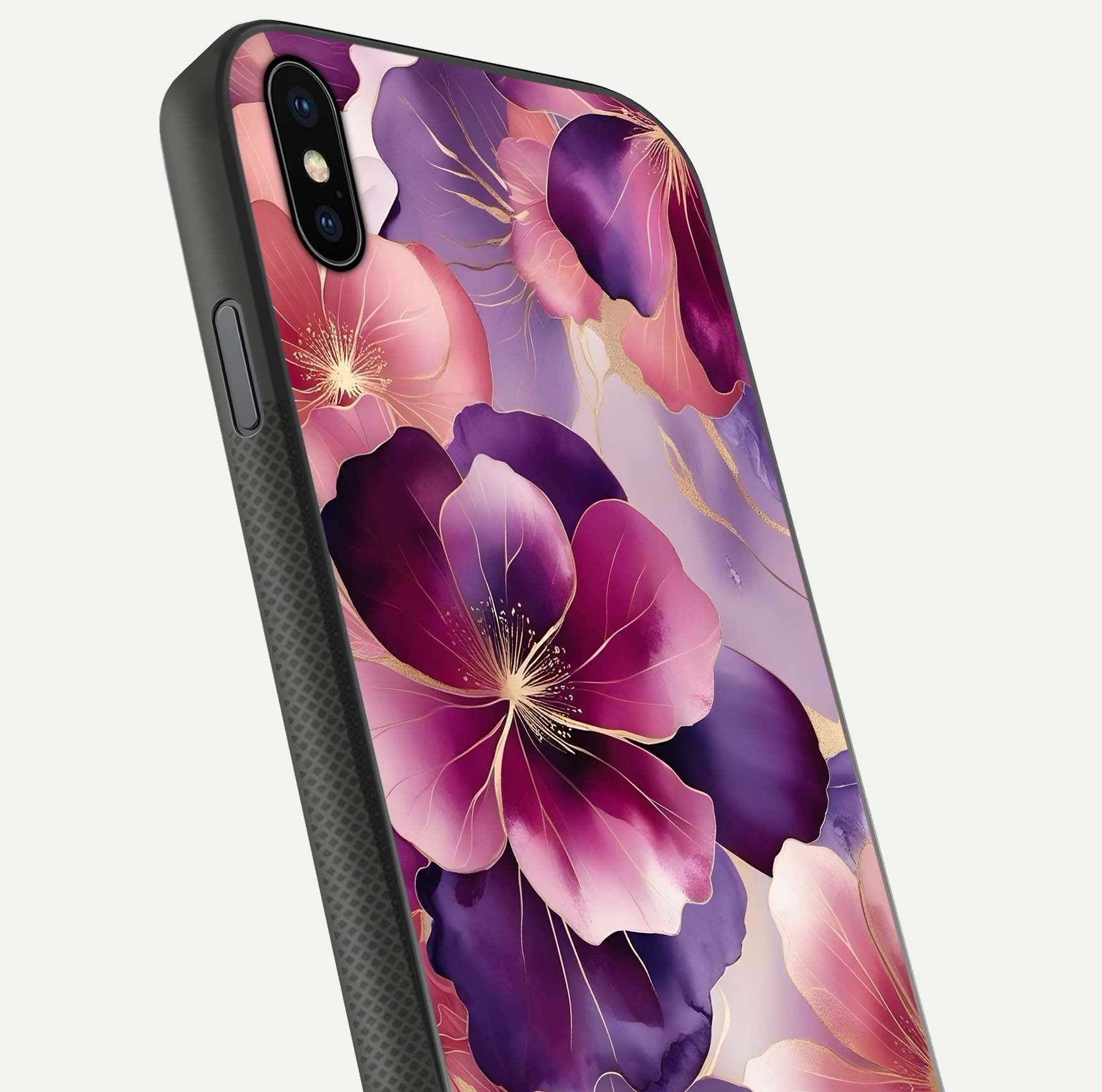 Pink Bouquet Florals Glass Case for iPhone Xs Max close-up angled shot showing bouquet details and reflection