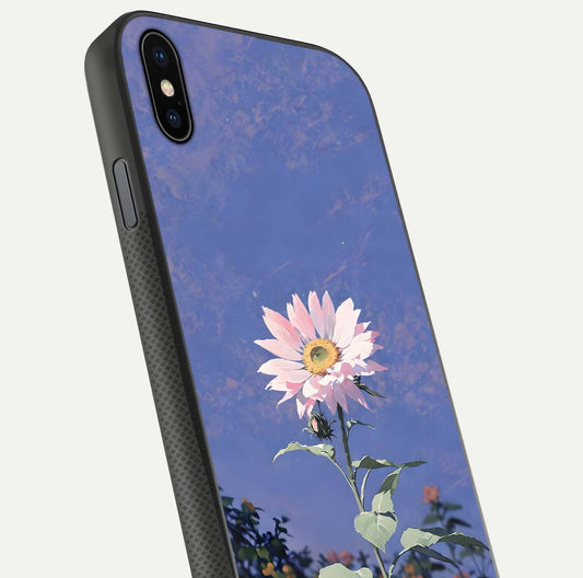 Pink Sunflower Glow Glass Case for iPhone Xs Max close-up angled shot highlighting petal texture and reflection