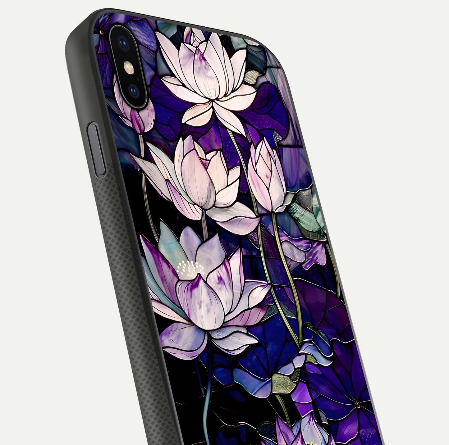 Purple Lotus Pattern Glass Case for iPhone Xs Max close-up angled shot showing petal texture and HD reflection
