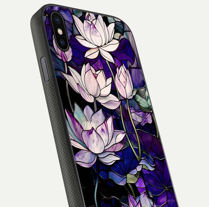 Purple Lotus Pattern Glass Case for iPhone Xs Max close-up angled shot showing petal texture and HD reflection