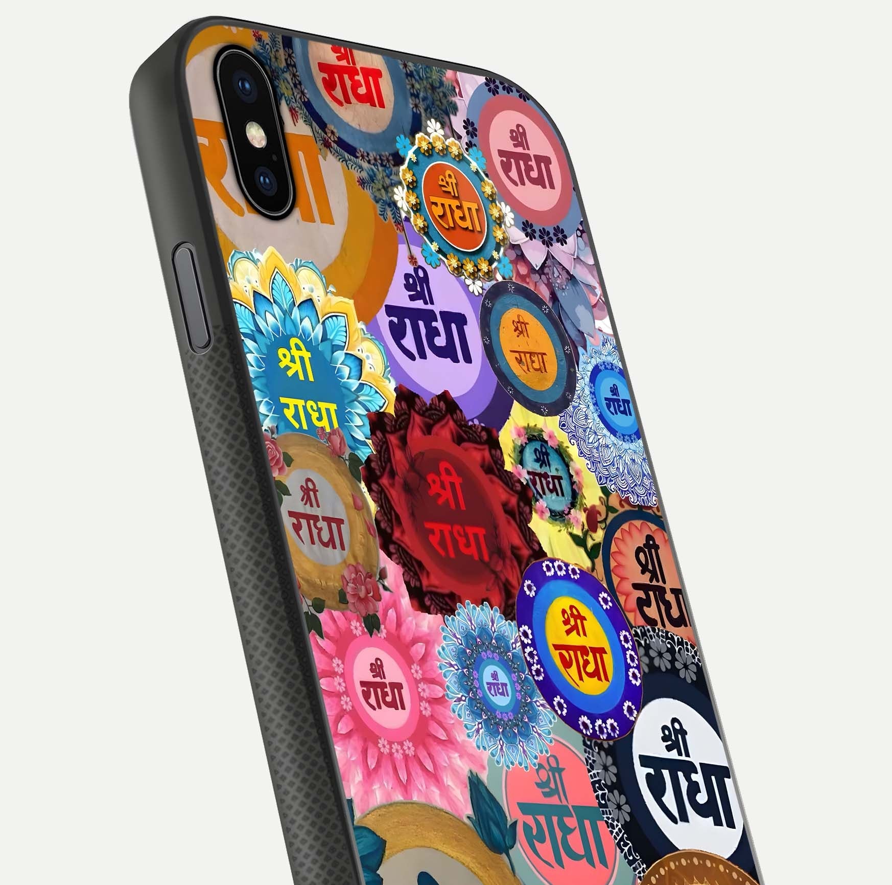 Radha Divine Bloom Glass Case for iPhone Xs Max close-up angled shot highlighting divine detailing and shine