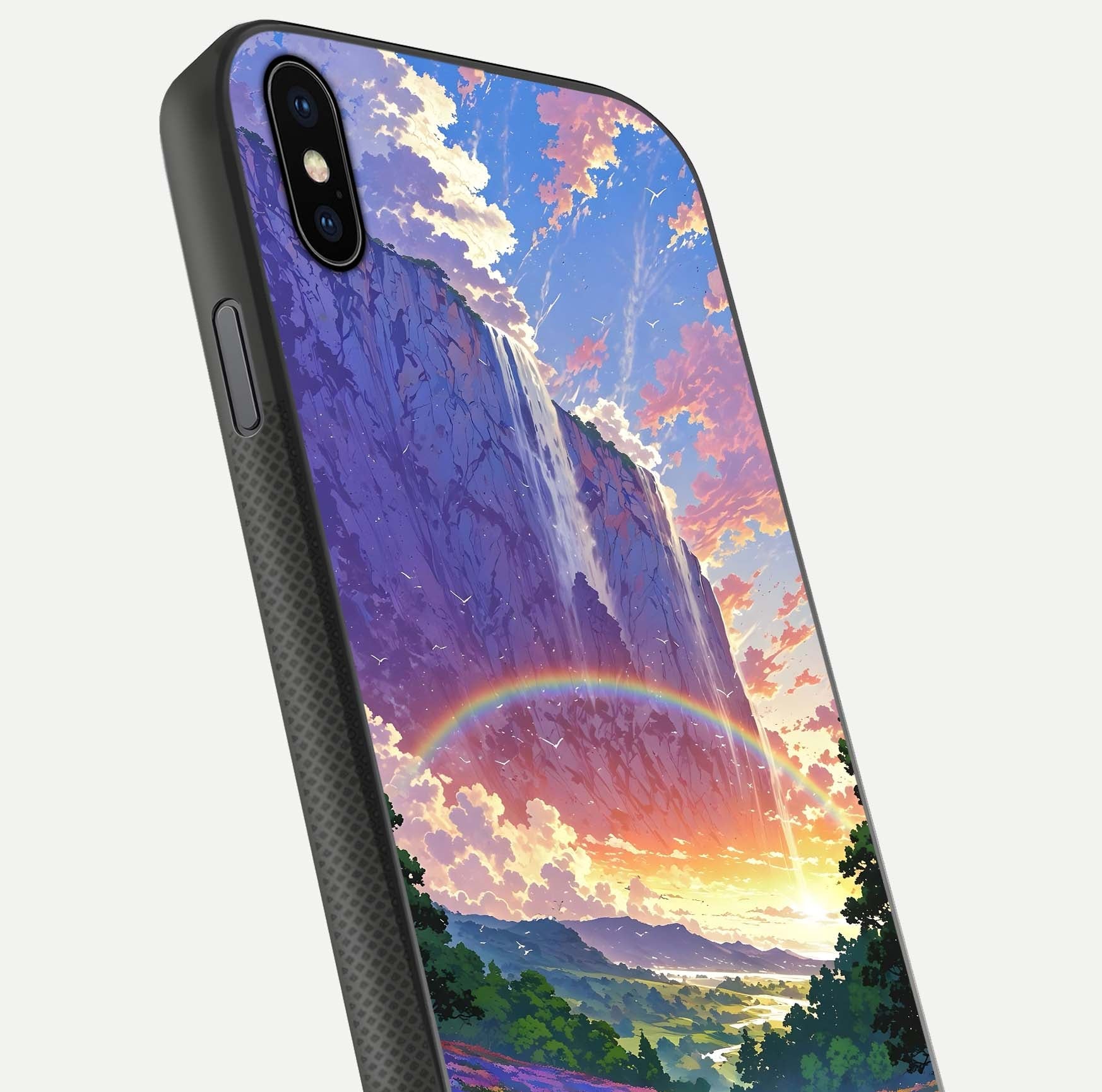 Rainbow Valley Dream Glass Case for iPhone 16 Pro close-up angled shot highlighting gradient tones and HD shine