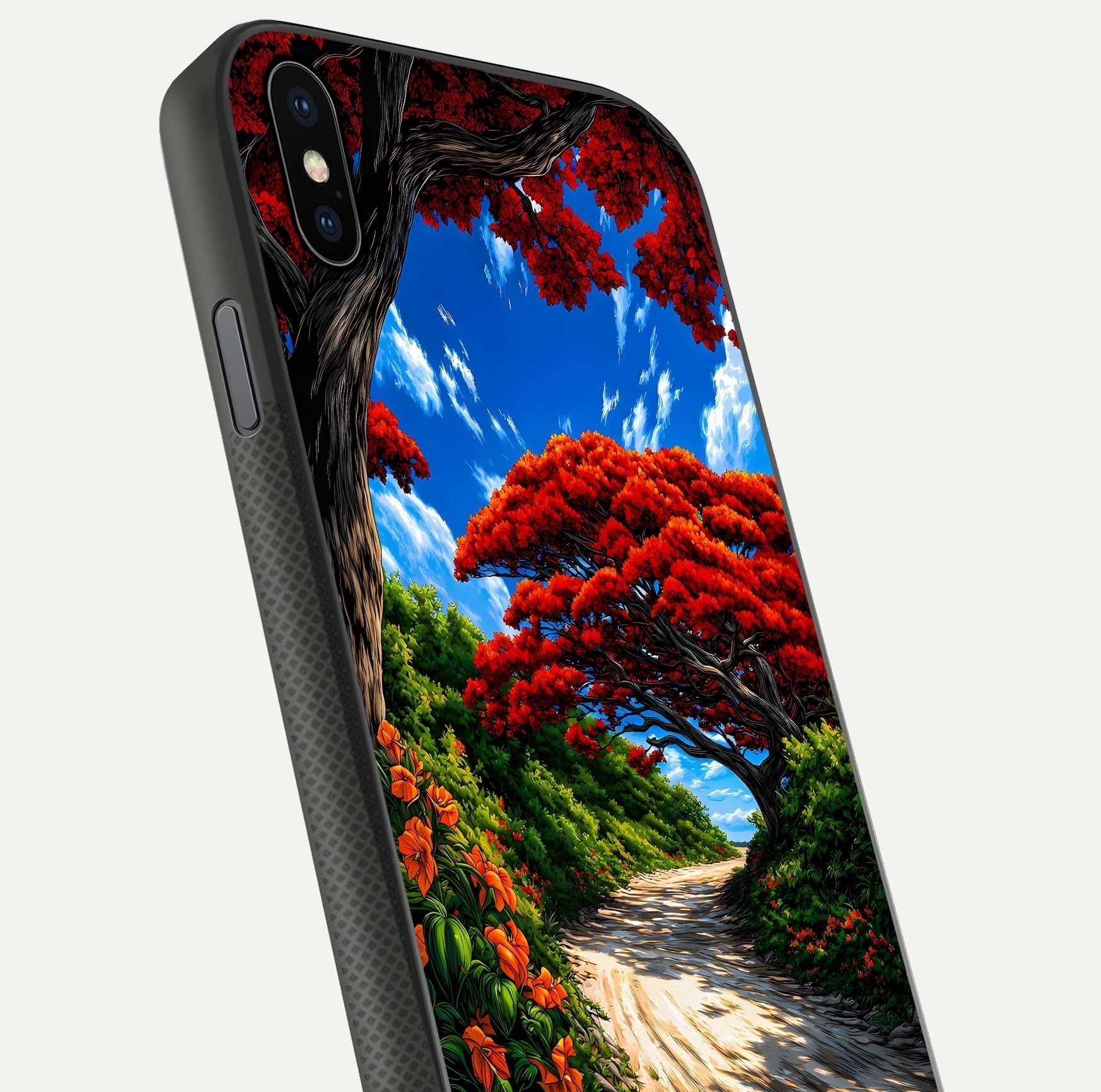 Red Trees Pathway Glass Case for iPhone Xs Max close-up angled shot highlighting forest detail and reflection