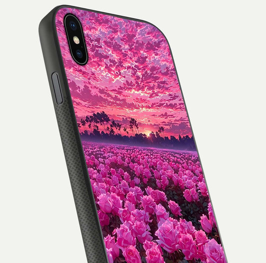 Rose Sunset Valley Glass Case for iPhone Xs Max close-up angled shot showing rose detailing and golden hues