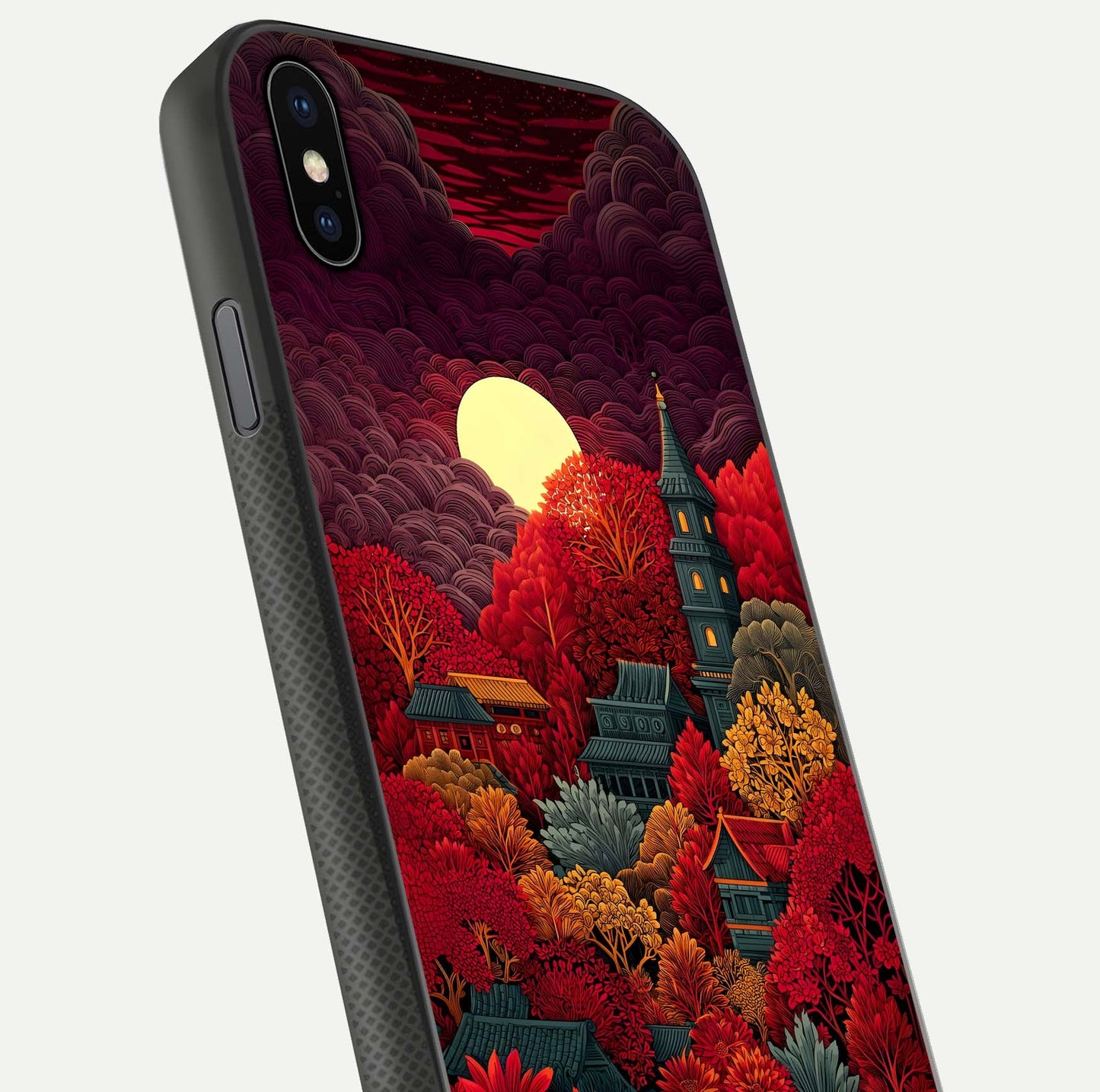 Scarlet Autumn Temple Glass Case for iPhone Xs Max close-up angled shot highlighting golden leaves and reflection