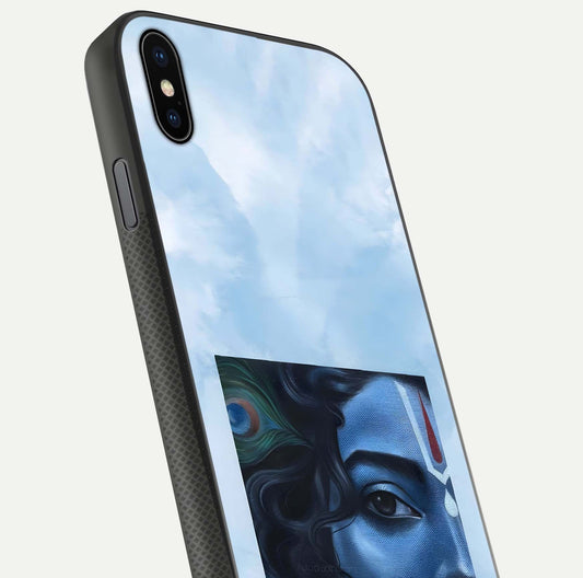 Spiritual Krishna Glass Case for iPhone 16 Pro close-up angled shot showing HD print, color tone, and reflection