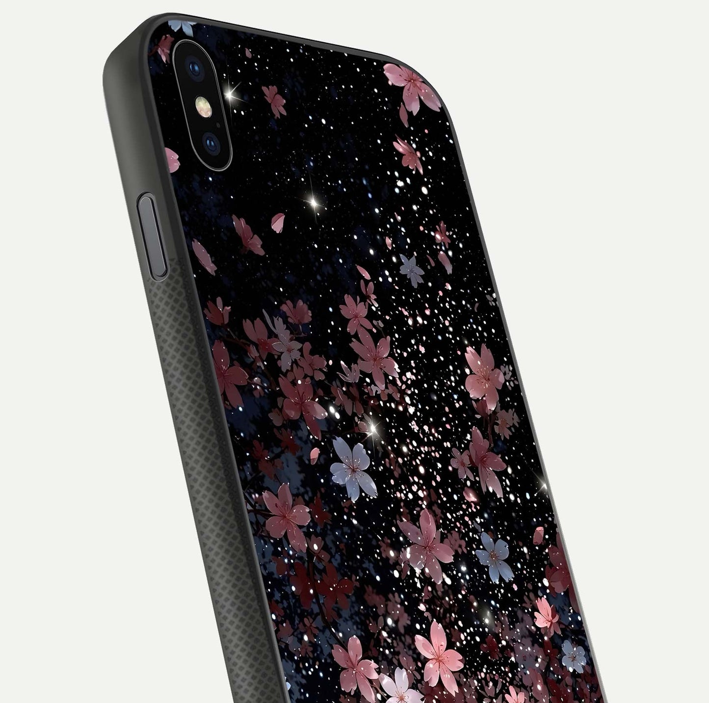 Starlit Flower Dreams Glass Case for iPhone Xs Max close-up angled shot highlighting petal reflection and HD depth
