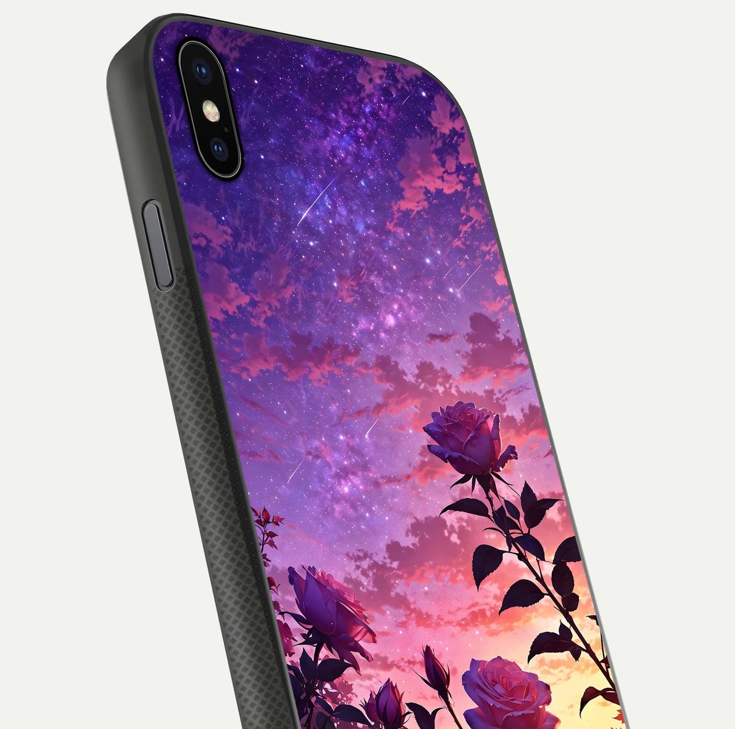 Starlit Rose Twilight Glass Case for iPhone Xs Max close-up angled shot highlighting rose detail and reflection