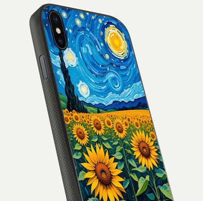 Starry Sunflower Dreams Glass Case for iPhone Xs Max close-up angled shot highlighting petal texture and gloss
