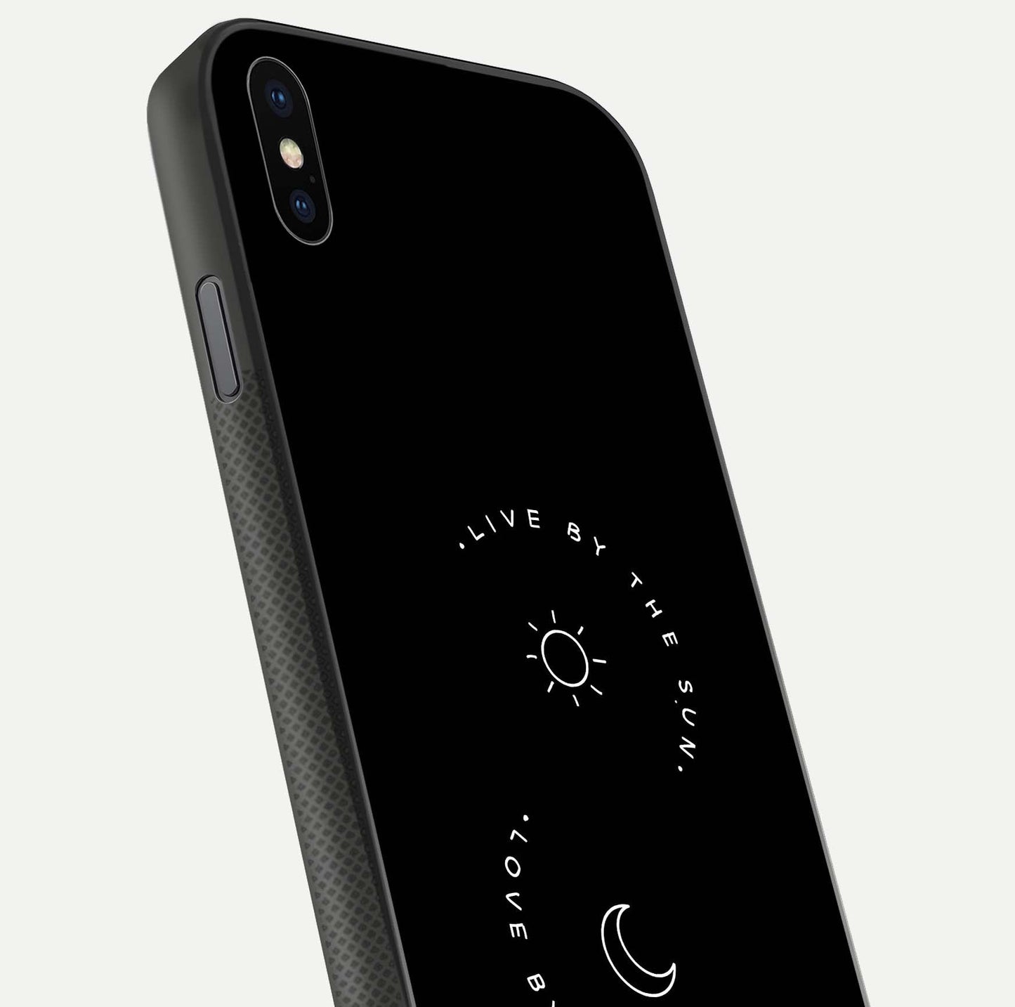 Sun Moon Balance Glass Case for iPhone Xs Max close-up angled shot highlighting cosmic art and HD reflection