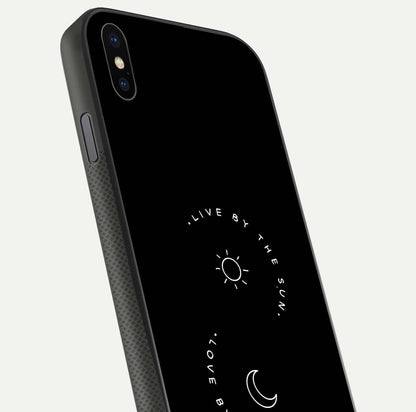 Sun Moon Balance Glass Case for iPhone Xs Max close-up angled shot highlighting cosmic art and HD reflection