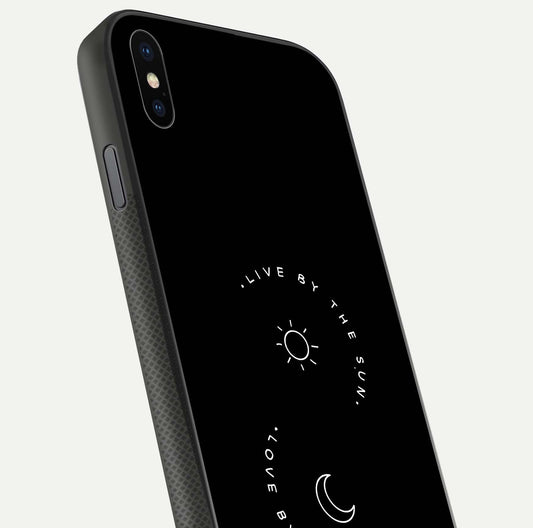Sun Moon Balance Glass Case for iPhone Xs Max close-up angled shot highlighting cosmic art and HD reflection
