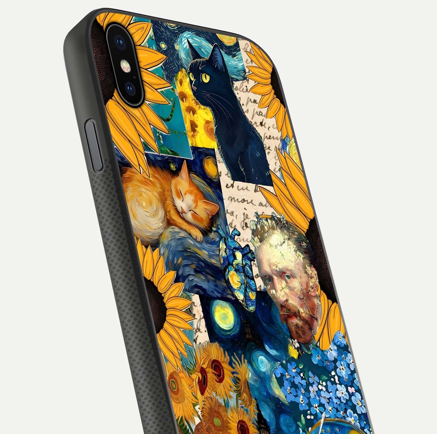 Sunflower Cat Art Glass Case for iPhone Xs Max close-up angled shot highlighting yellow tones and art reflection
