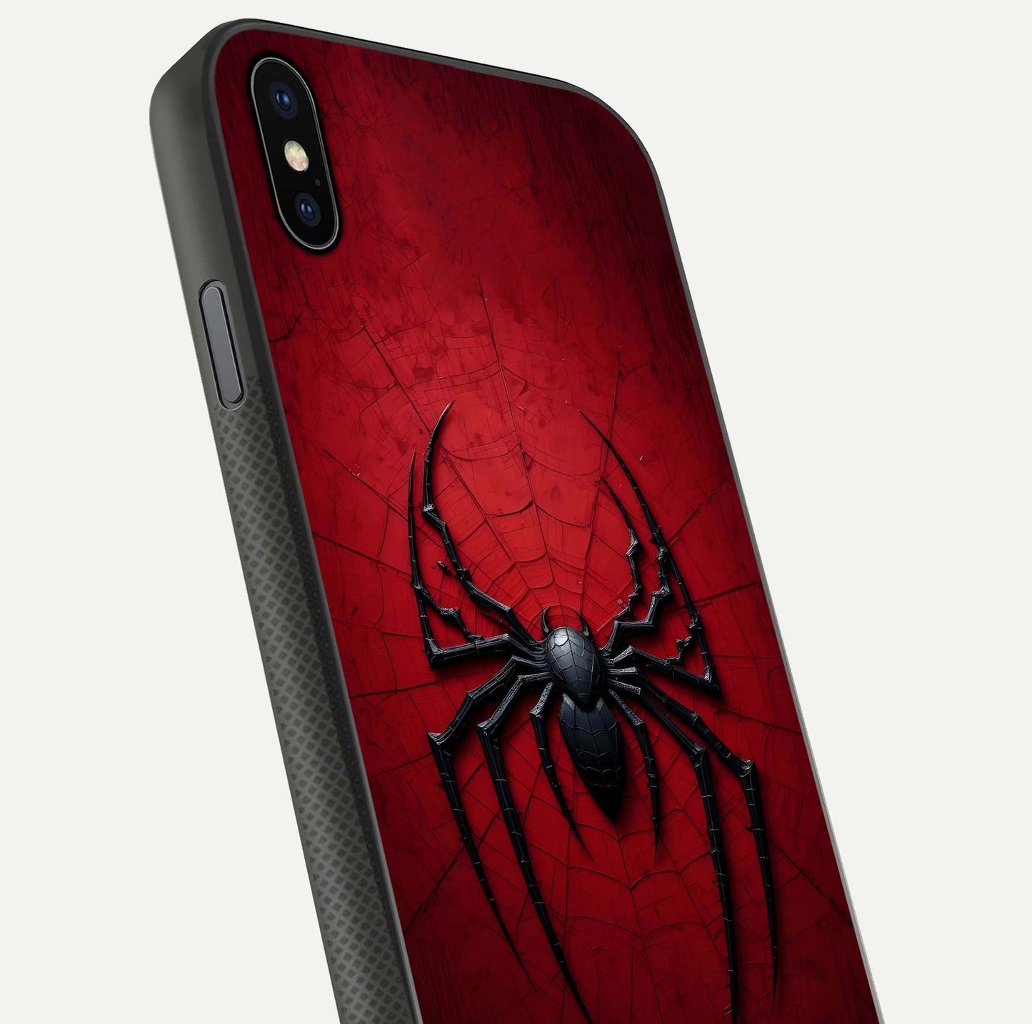 Venom Web Emblem Glass Case for iPhone Xs Max close-up angled shot highlighting sharp logo lines and reflection