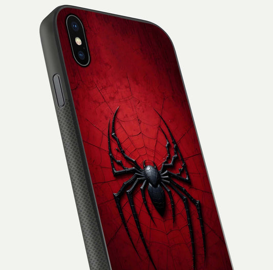 Venom Web Emblem Glass Case for iPhone Xs Max close-up angled shot highlighting sharp logo lines and reflection