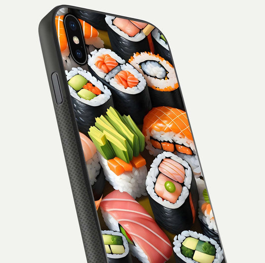 Sushi Food Pattern Glass Case for iPhone Xs Max close-up angled shot highlighting colorful sushi prints and reflection