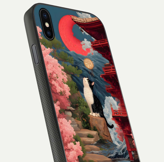 Temple Cat Scenery Glass Case for iPhone Xs Max close-up angled shot highlighting texture and reflection
