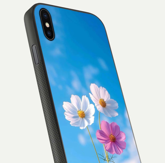 Triple Flowers With Sky Glass Case for iPhone Xs Max close-up angled shot highlighting petal and reflection details